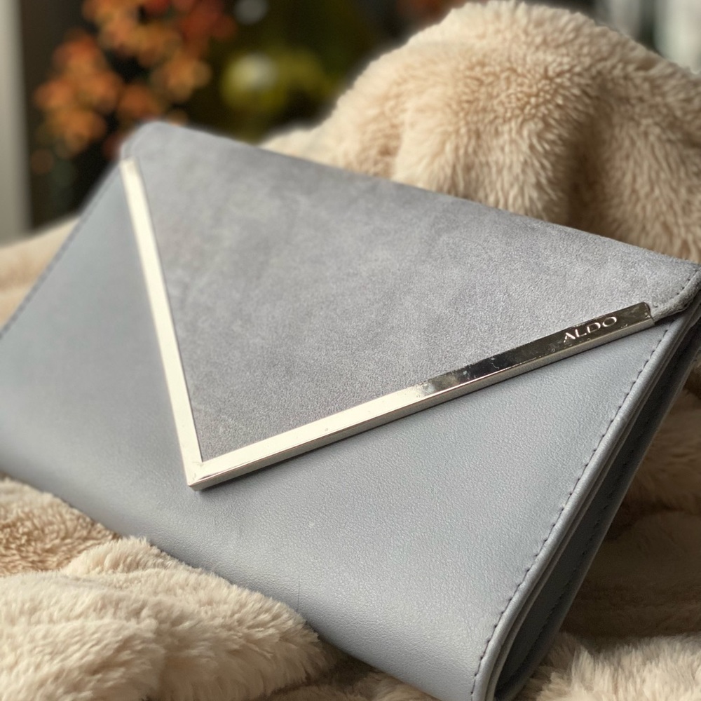 Baby blue vegan suede and leather clutch